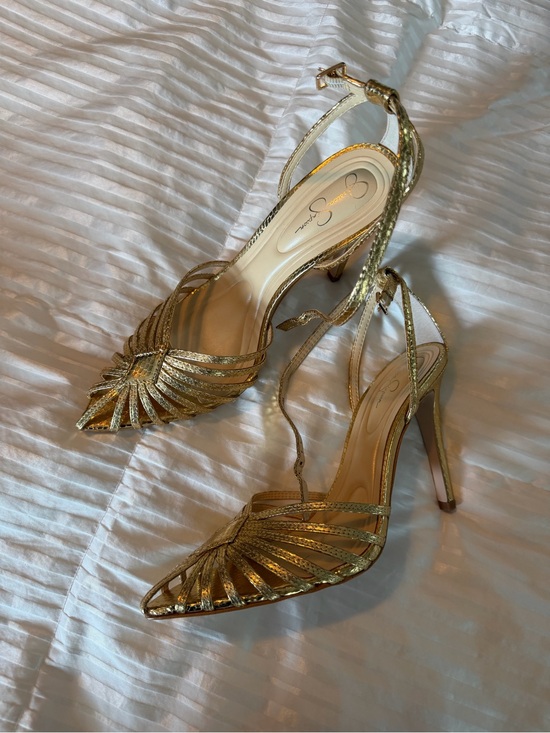 Jessica Simpson Shoes - Jessica Simpson Metallic Gold Strappy Pointed-Toe Heels